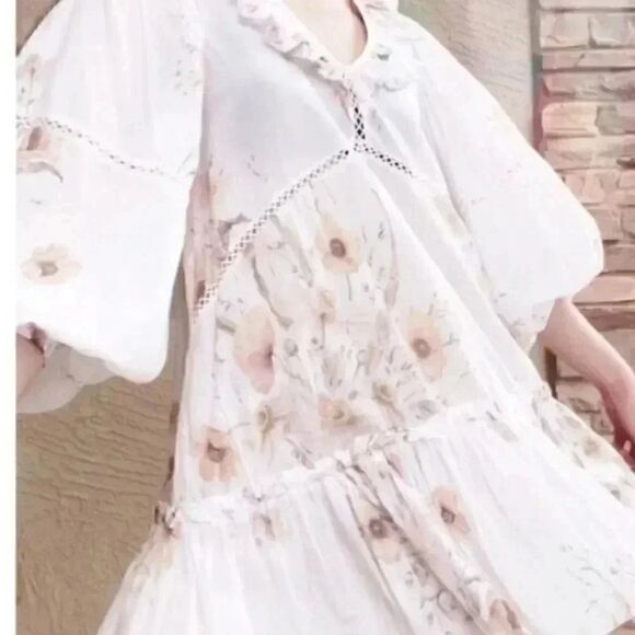 H&M Women's Flounced White Floral Summer Oversized V-Neck Dress EUC sz 8 - Picture 4 of 12